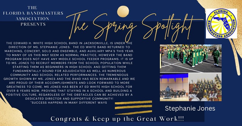 Spring Spotlight graphics and photo of Stephanie Jones & her band